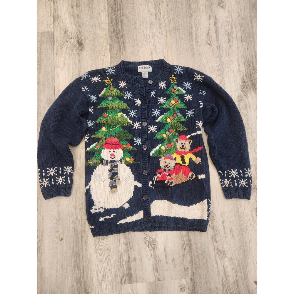 Vrg. Empress Sportswear Christmas Cardigan Sweater Snowman, Trees & Bears Sz. M